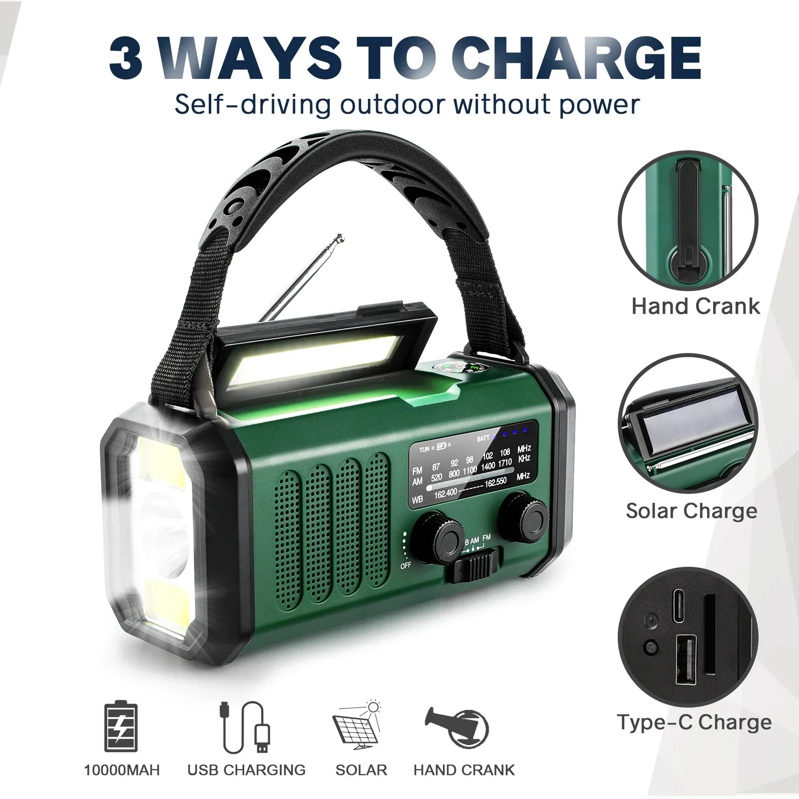 10000mAh Solar Hand Crank Emergency Radio Green-3