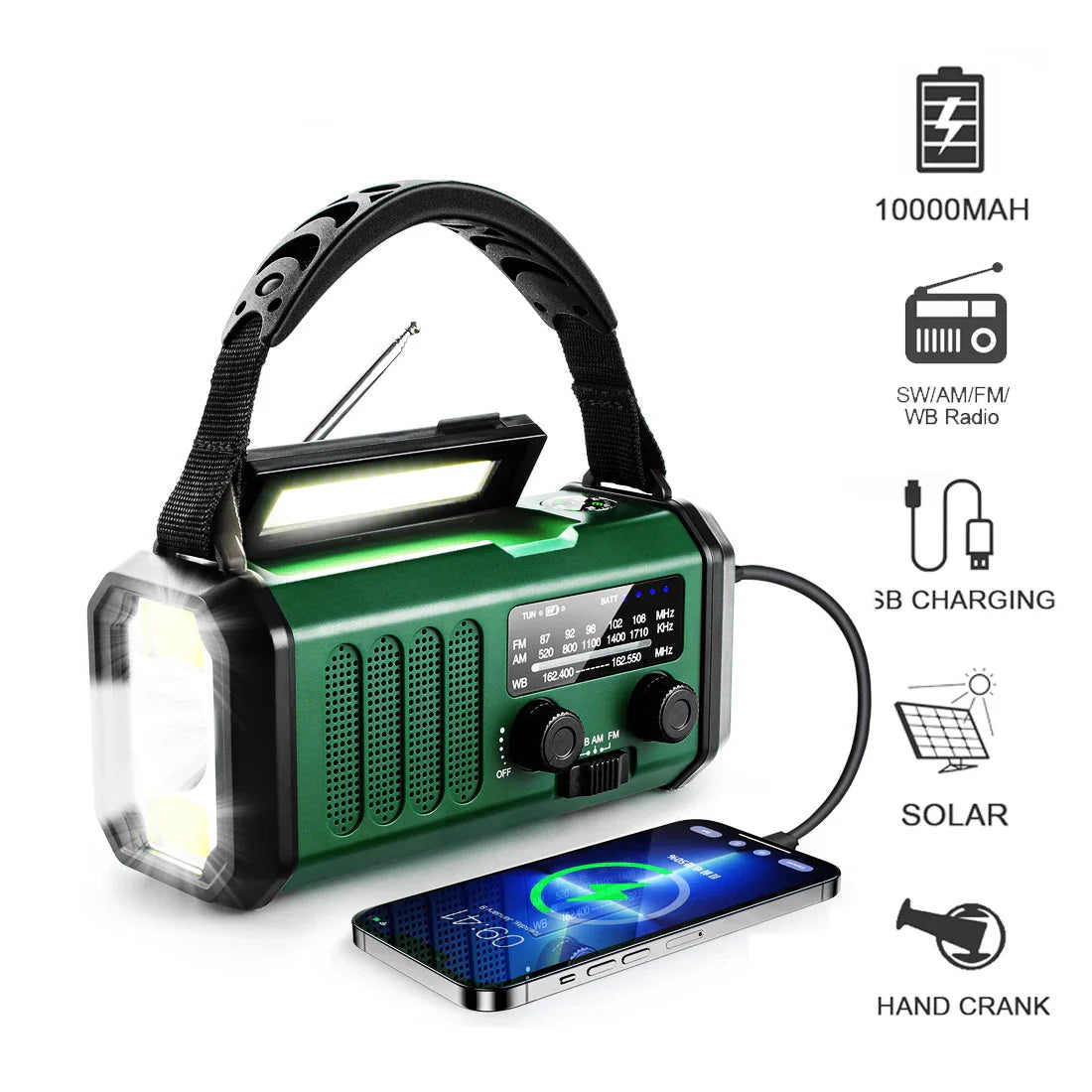 10000mAh Solar Hand Crank Emergency Radio Green-1