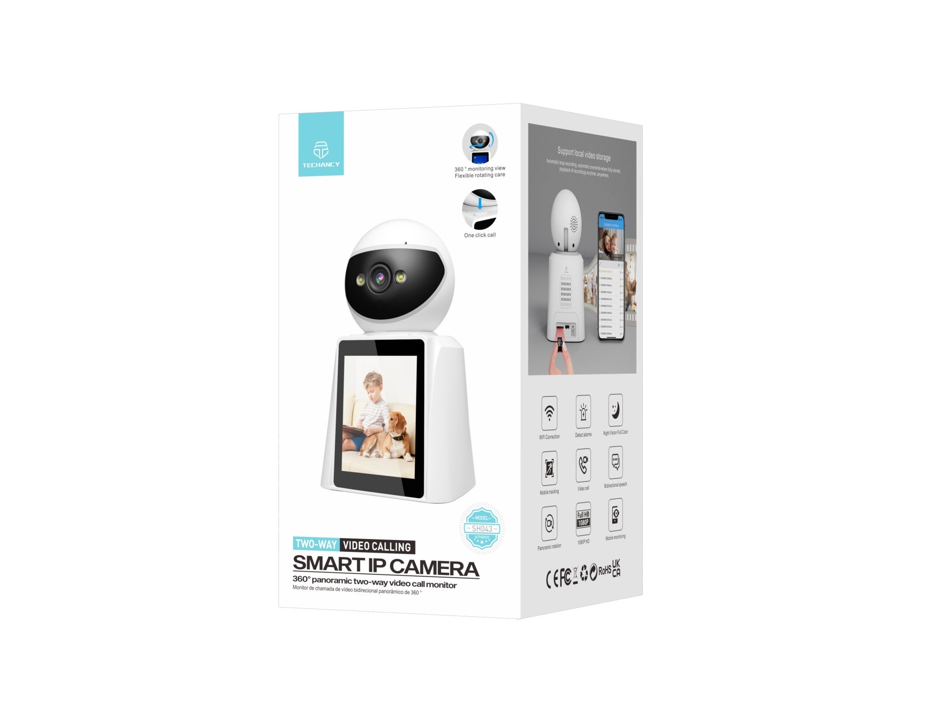 Techancy SH043 Câmara Inteligente com Ecrã, 1080P, Rotação 360°, Visão Noturna, Chamadas de Vídeo e Voz Bidirecionais, Ligação WiFi, Deteção Humana — Branco-3