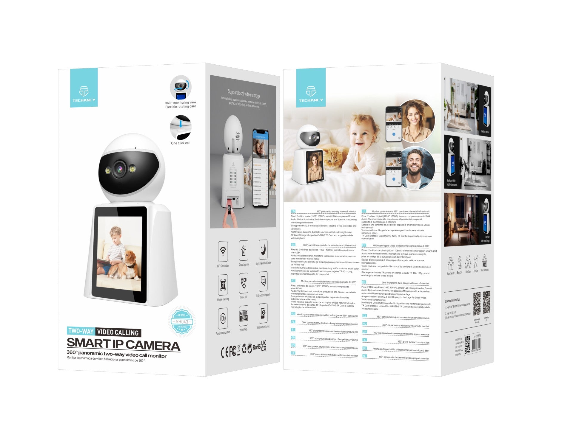 Techancy SH043 Câmara Inteligente com Ecrã, 1080P, Rotação 360°, Visão Noturna, Chamadas de Vídeo e Voz Bidirecionais, Ligação WiFi, Deteção Humana — Branco-4